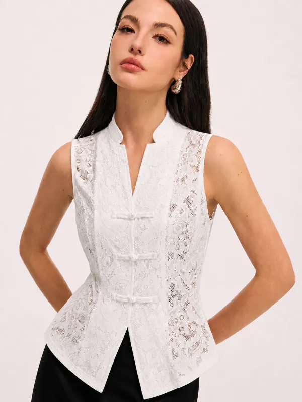Mandarin Collar Lace Frog Button Vest made by COMMENSE
