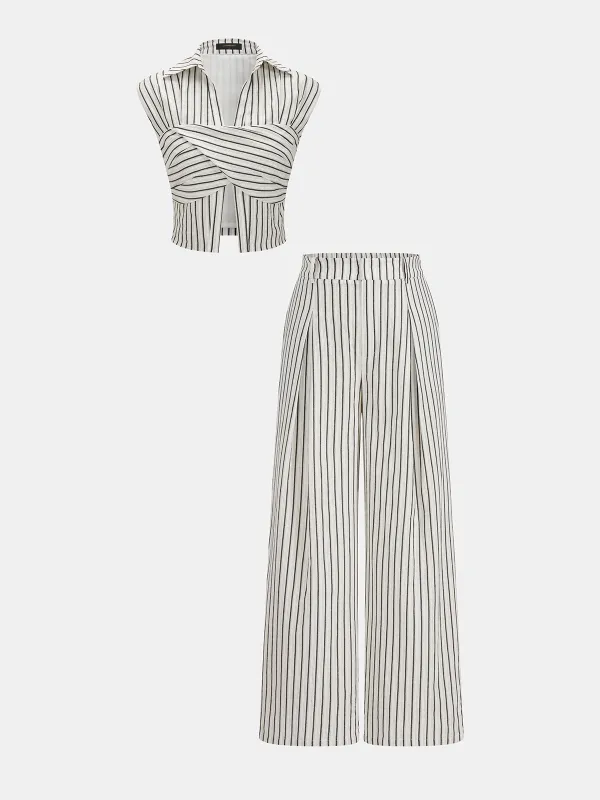 Cotton Striped Cross Wrap Top & Pants Set made by COMMENSE