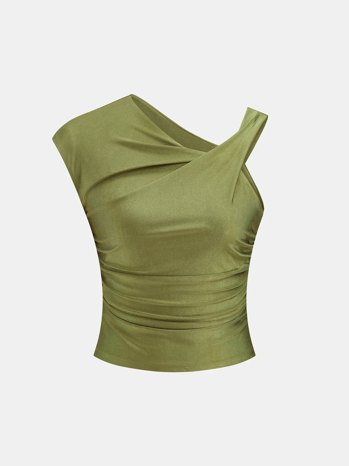 Asymmetric Ruched Sleeveless Top sold by COMMENSE