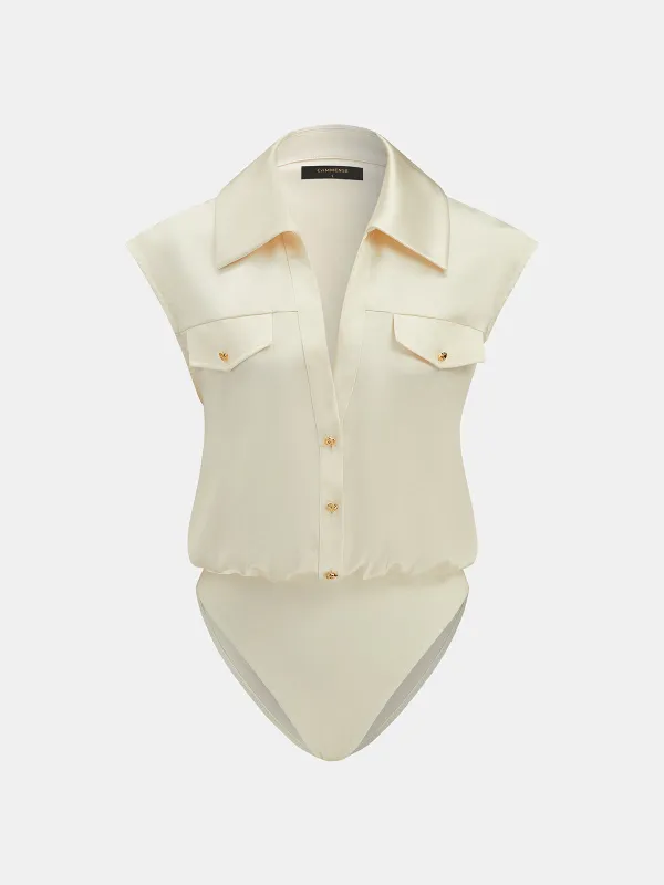 Satin Sleeveless Metal Button Shirt Bodysuit made by COMMENSE