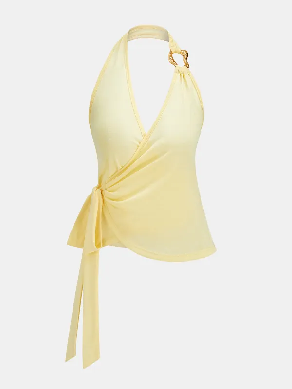 Metal Accent Tie-Waist Halter Top made by COMMENSE