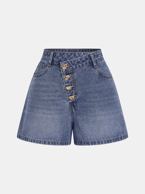 High-Waisted Asymmetric Waistband Denim Shorts made by COMMENSE