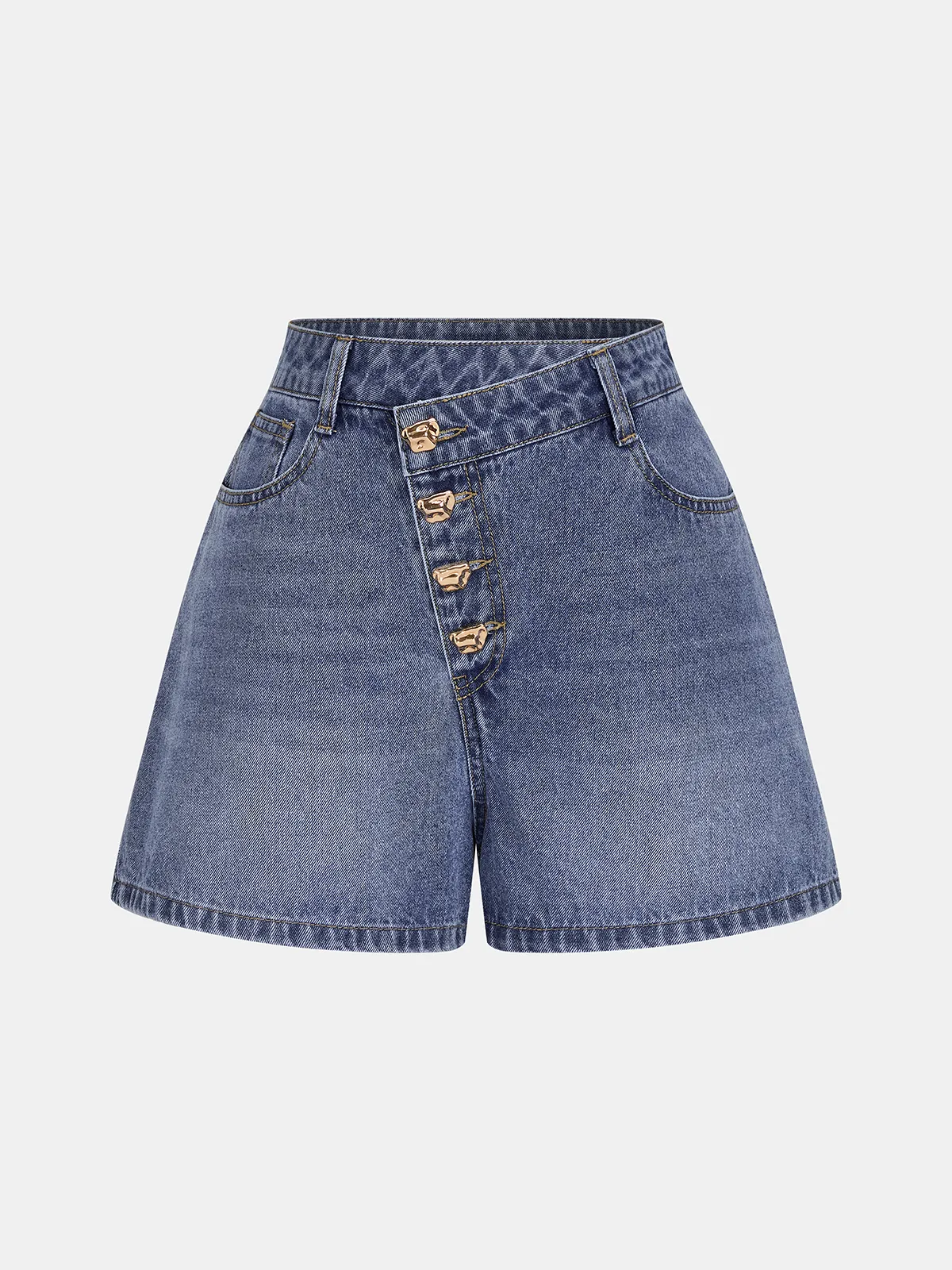 High-Waisted Asymmetric Waistband Denim Shorts sold by COMMENSE