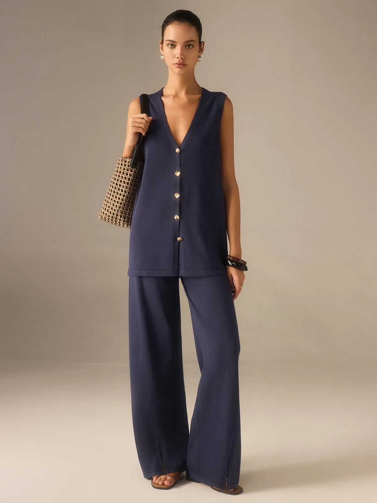 Golden Button Knit Vest Pants Set in Premium Fabric sold by COMMENSE product image thumbnail 4