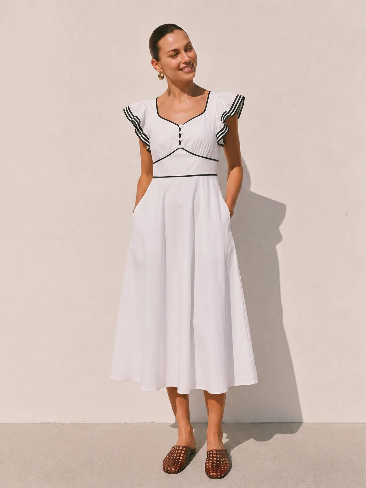 Contrast Trim Flutter Sleeve Cotton Maxi Dress sold by COMMENSE