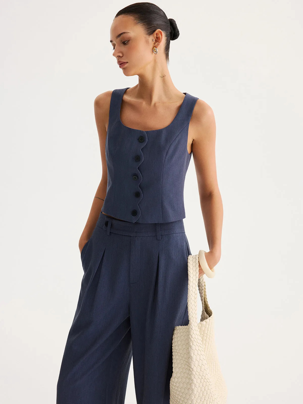 Scallop Trim Buttoned Vest & Pleated Pants Set sold by COMMENSE product image thumbnail 5