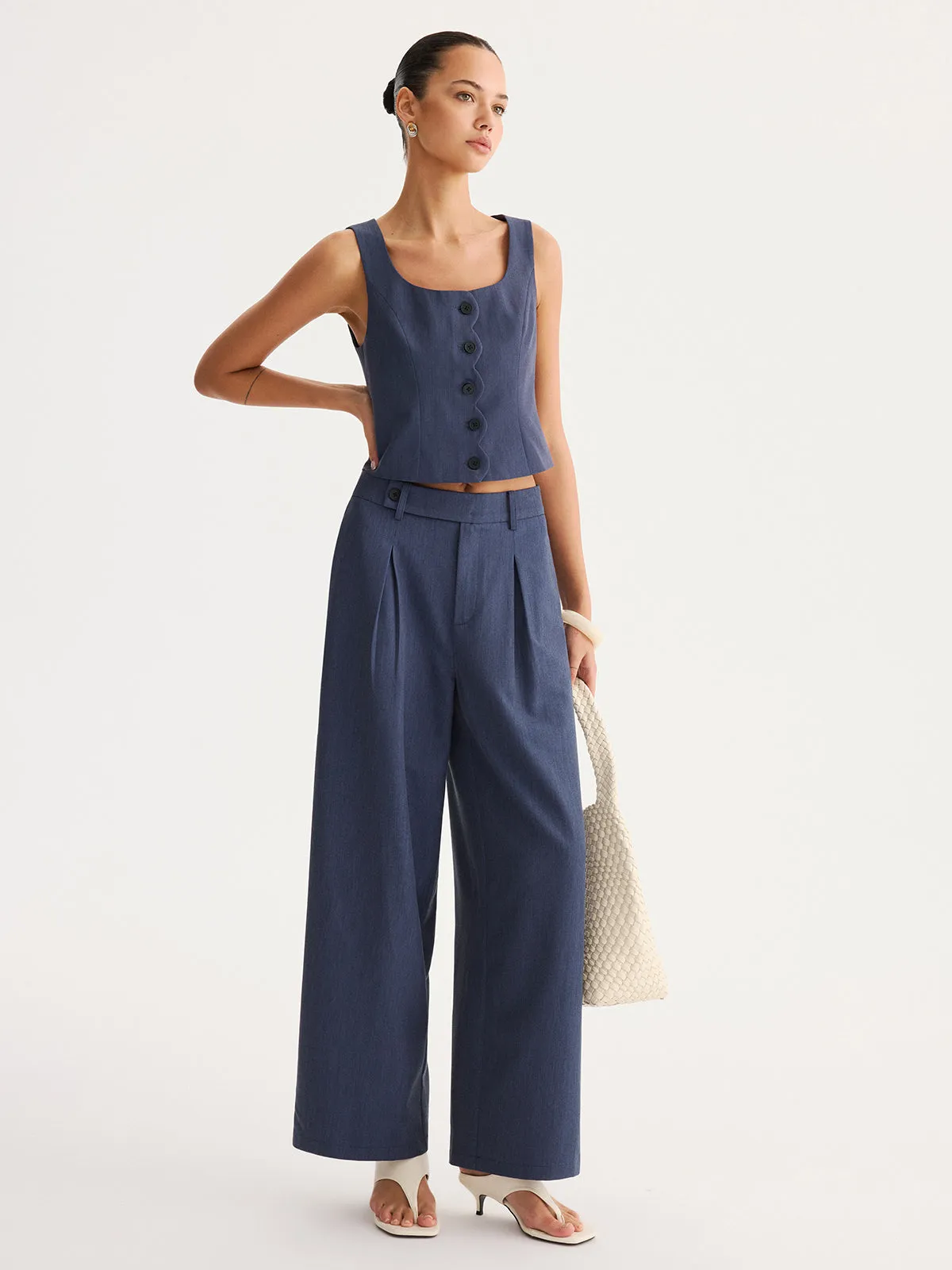 Scallop Trim Buttoned Vest & Pleated Pants Set sold by COMMENSE product image thumbnail 2