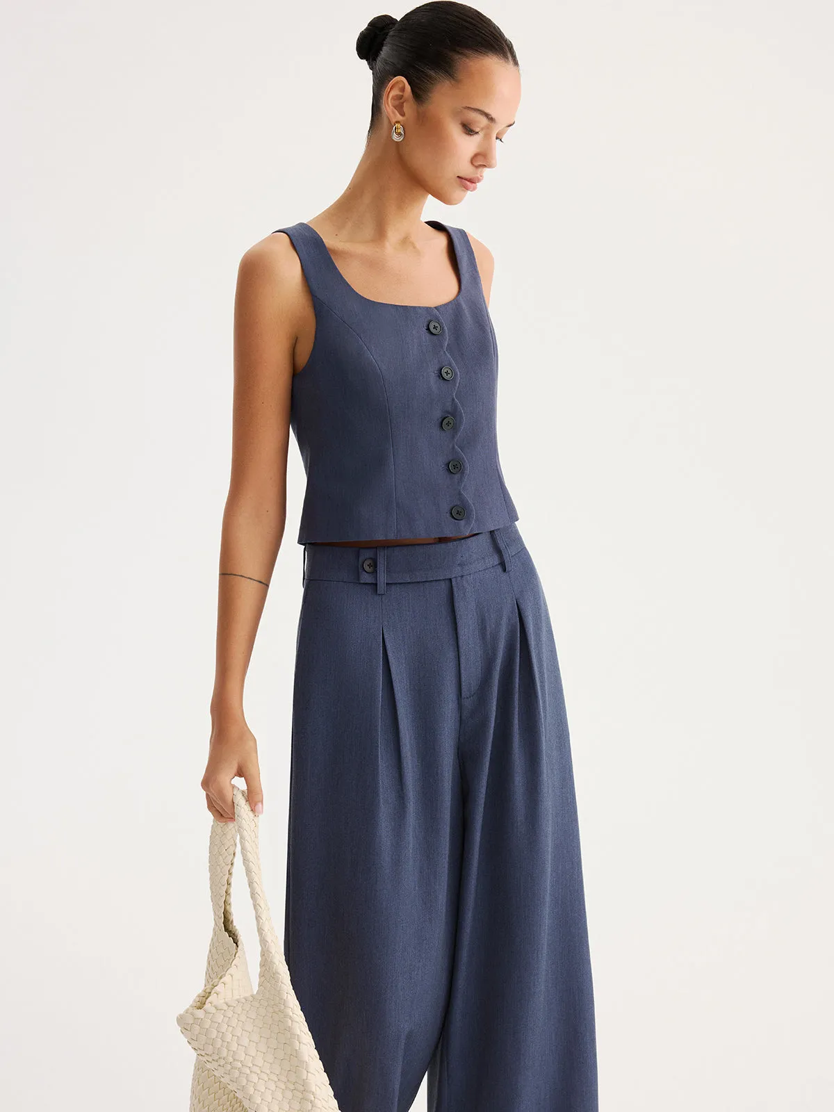 Scallop Trim Buttoned Vest & Pleated Pants Set sold by COMMENSE product image thumbnail 3