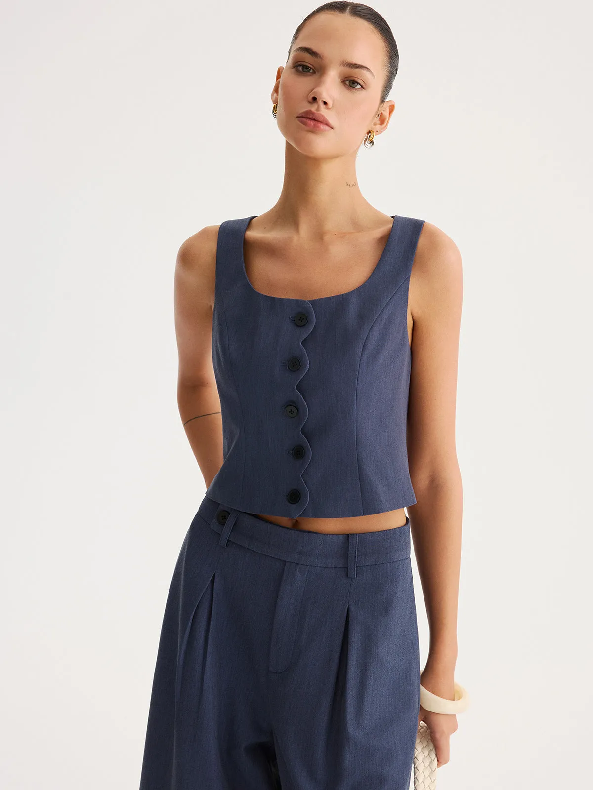 Scallop Trim Buttoned Vest & Pleated Pants Set sold by COMMENSE product image thumbnail 4
