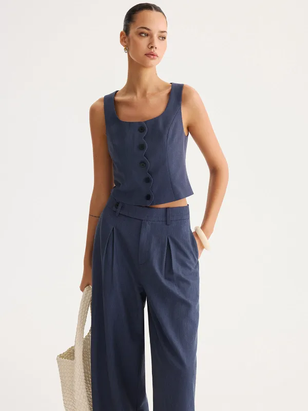 Scallop Trim Buttoned Vest & Pleated Pants Set made by COMMENSE