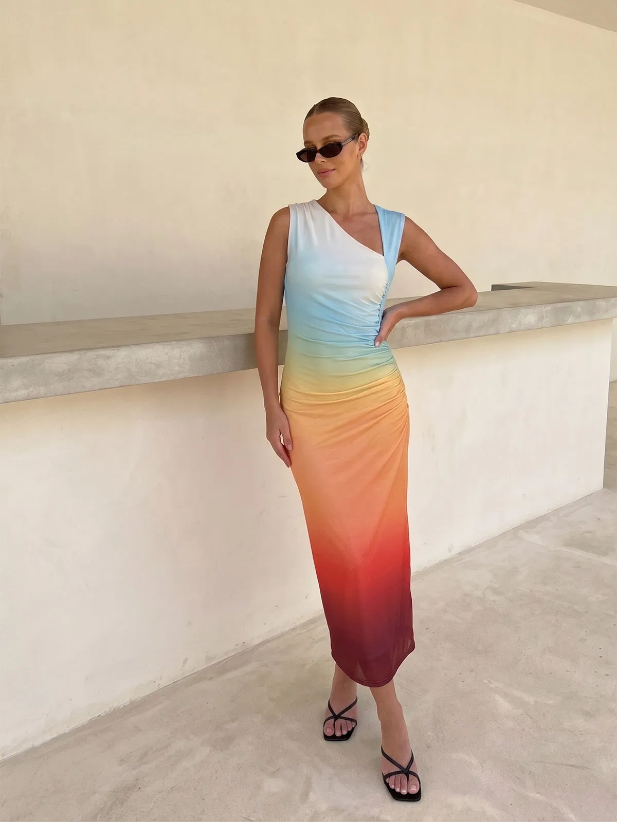 Asymmetric Neckline Sunset Gradient Mesh Midi Dress sold by COMMENSE