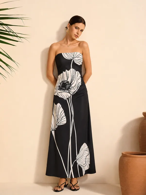 Floral Print Ruched Strapless Maxi Dress made by COMMENSE