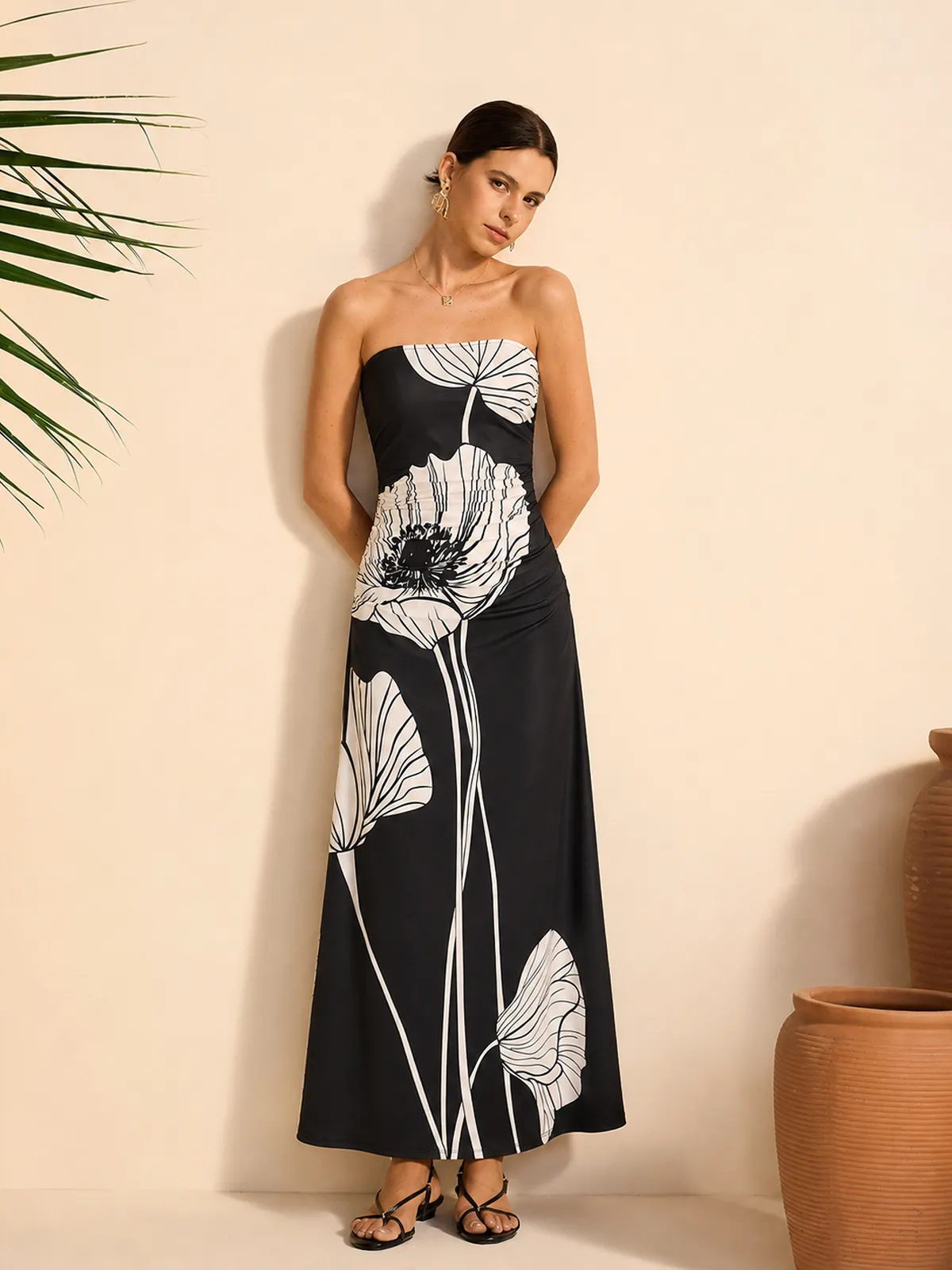 Floral Print Ruched Strapless Maxi Dress sold by COMMENSE