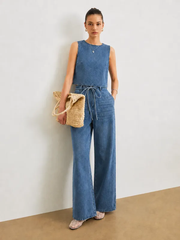 Sleeveless Denim Top & Drawstring Jeans Set made by COMMENSE