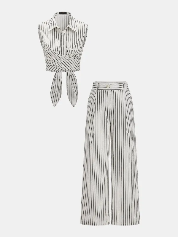 Striped Tie-Back Cotton Top & Pants Set made by COMMENSE