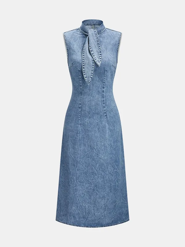 Denim Tie-Neck Midi Dress made by COMMENSE