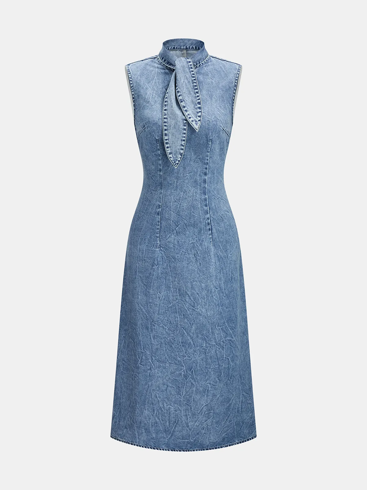 Denim Tie-Neck Midi Dress sold by COMMENSE