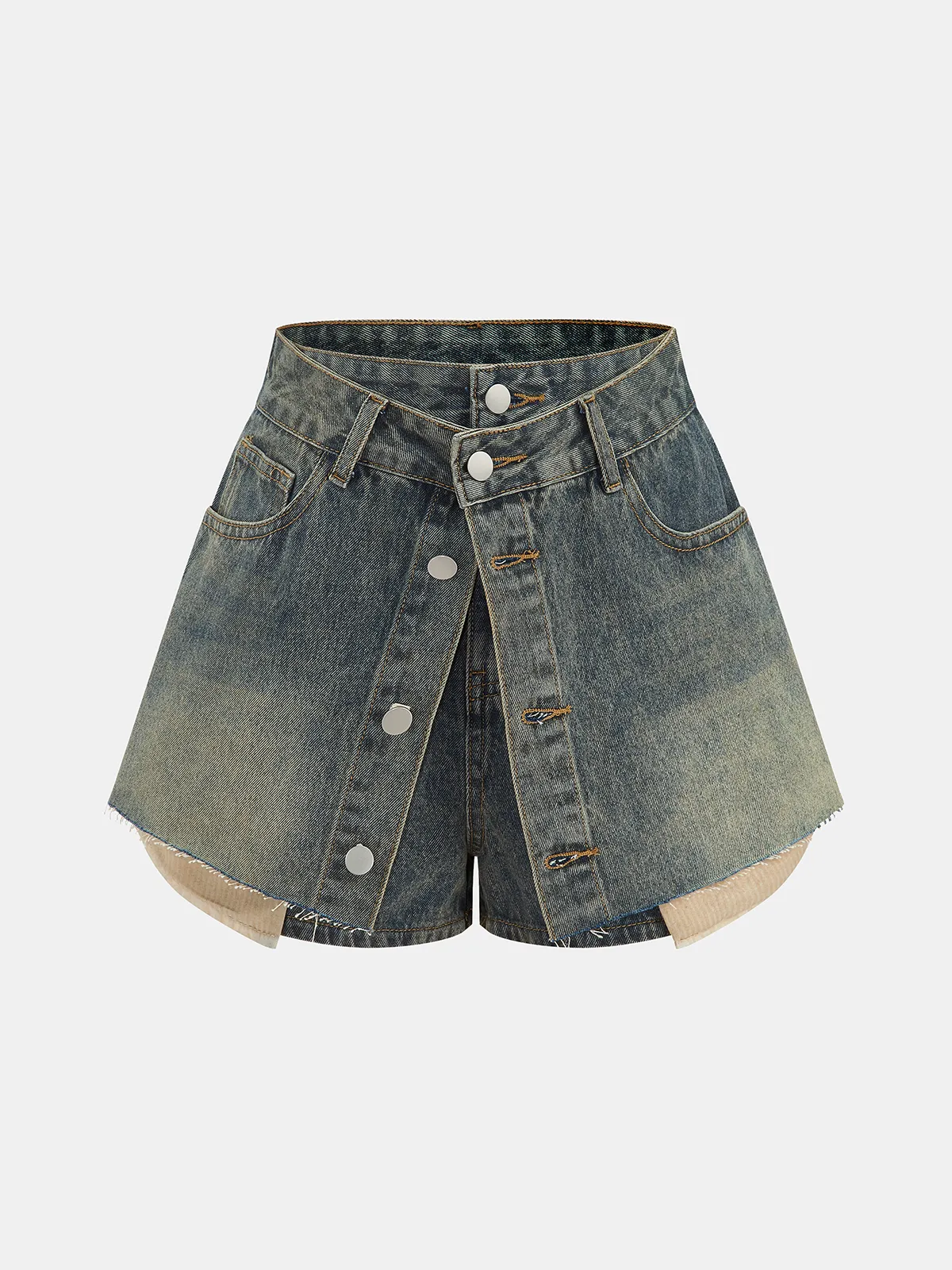 Overlay Button Front Denim Skort sold by COMMENSE