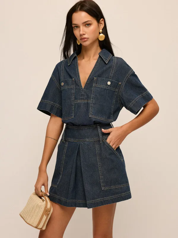 Short Sleeve Denim Blouse & Mini Skirt Set made by COMMENSE