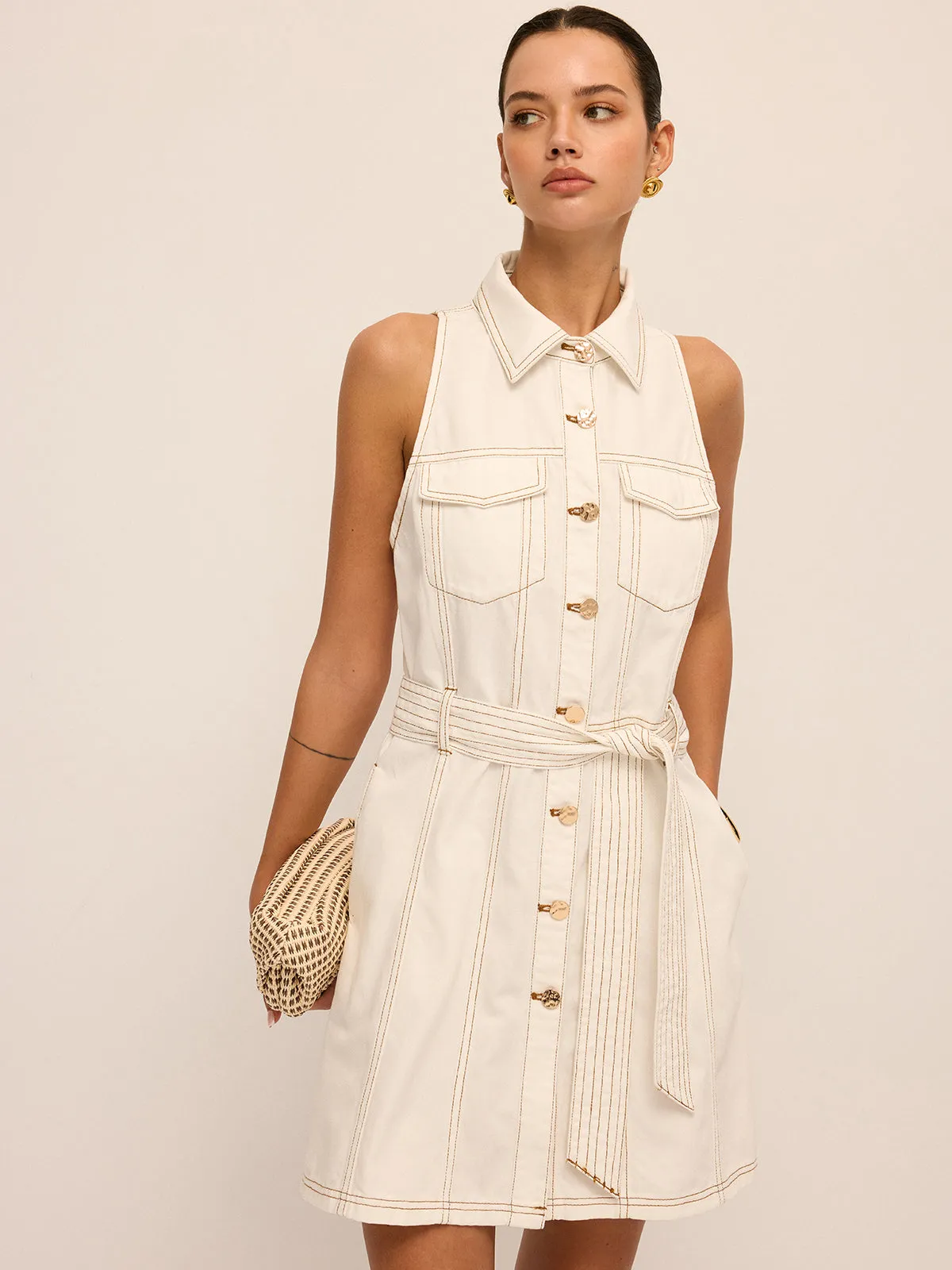 Sleeveless Belted Denim Shirt Dress sold by COMMENSE product image thumbnail 5