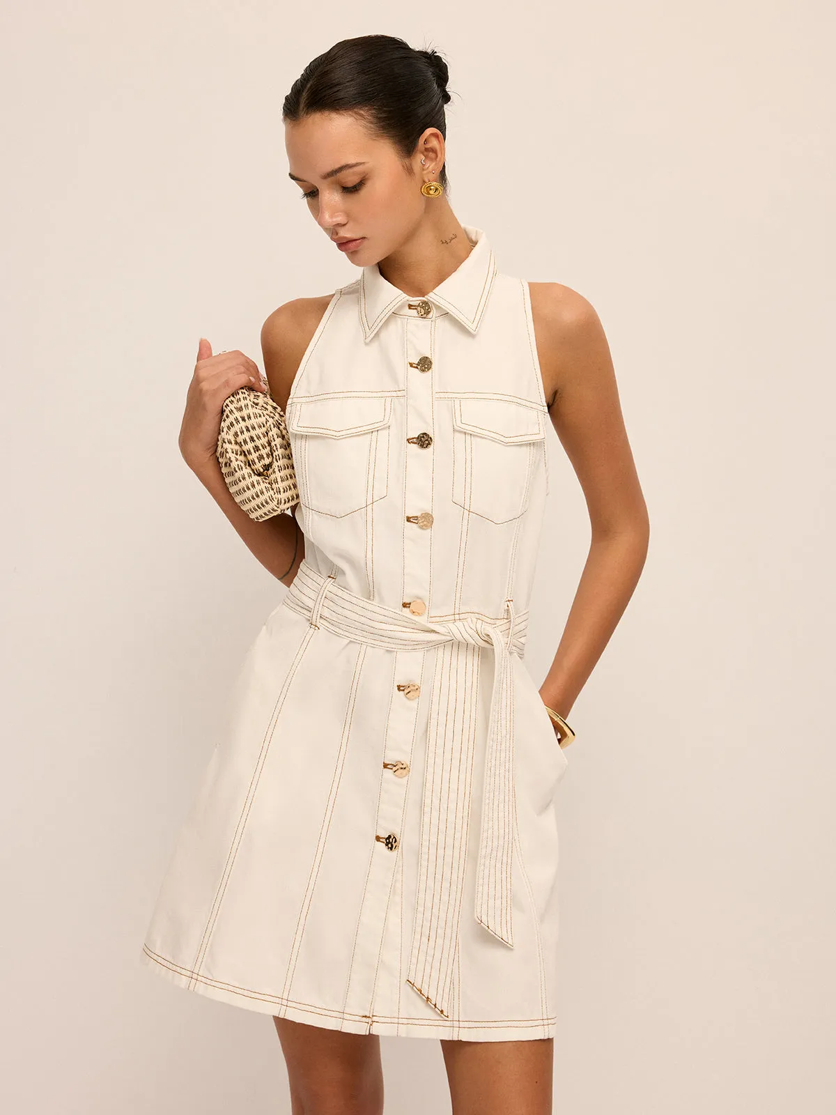 Sleeveless Belted Denim Shirt Dress sold by COMMENSE product image thumbnail 2