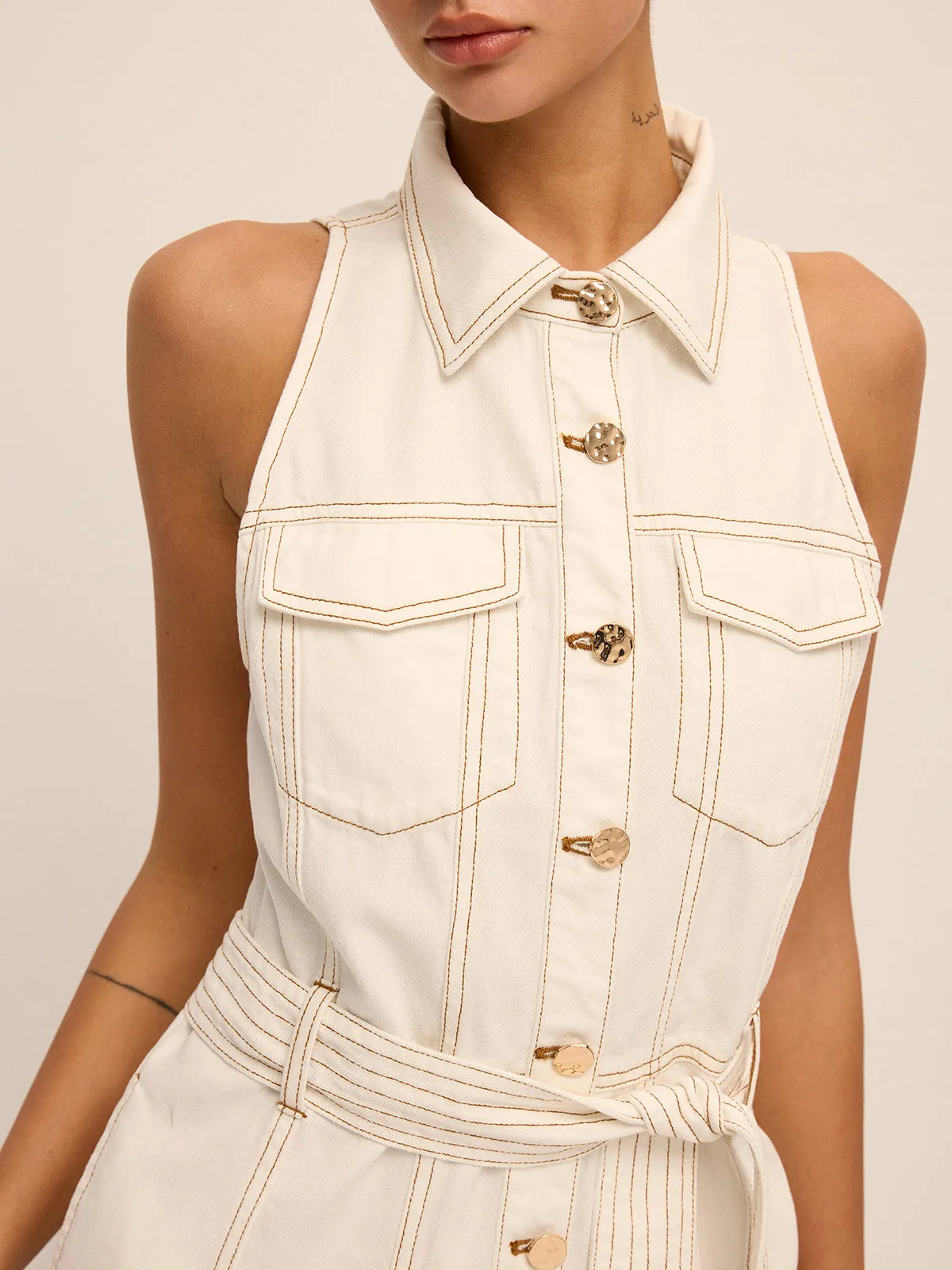 Sleeveless Belted Denim Shirt Dress sold by COMMENSE product image thumbnail 3