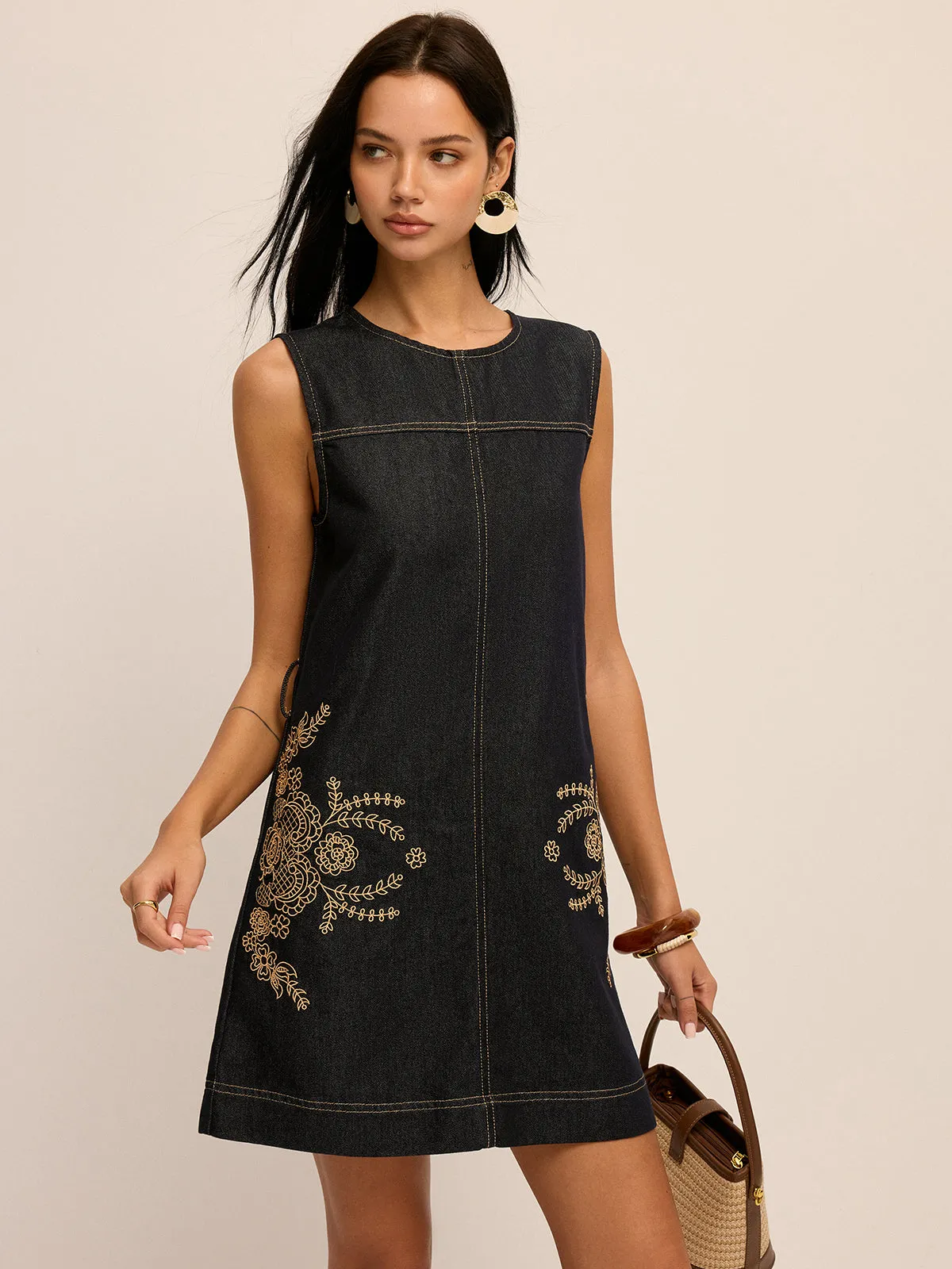 Embroidered Denim Belted Shift Dress sold by COMMENSE product image thumbnail 4