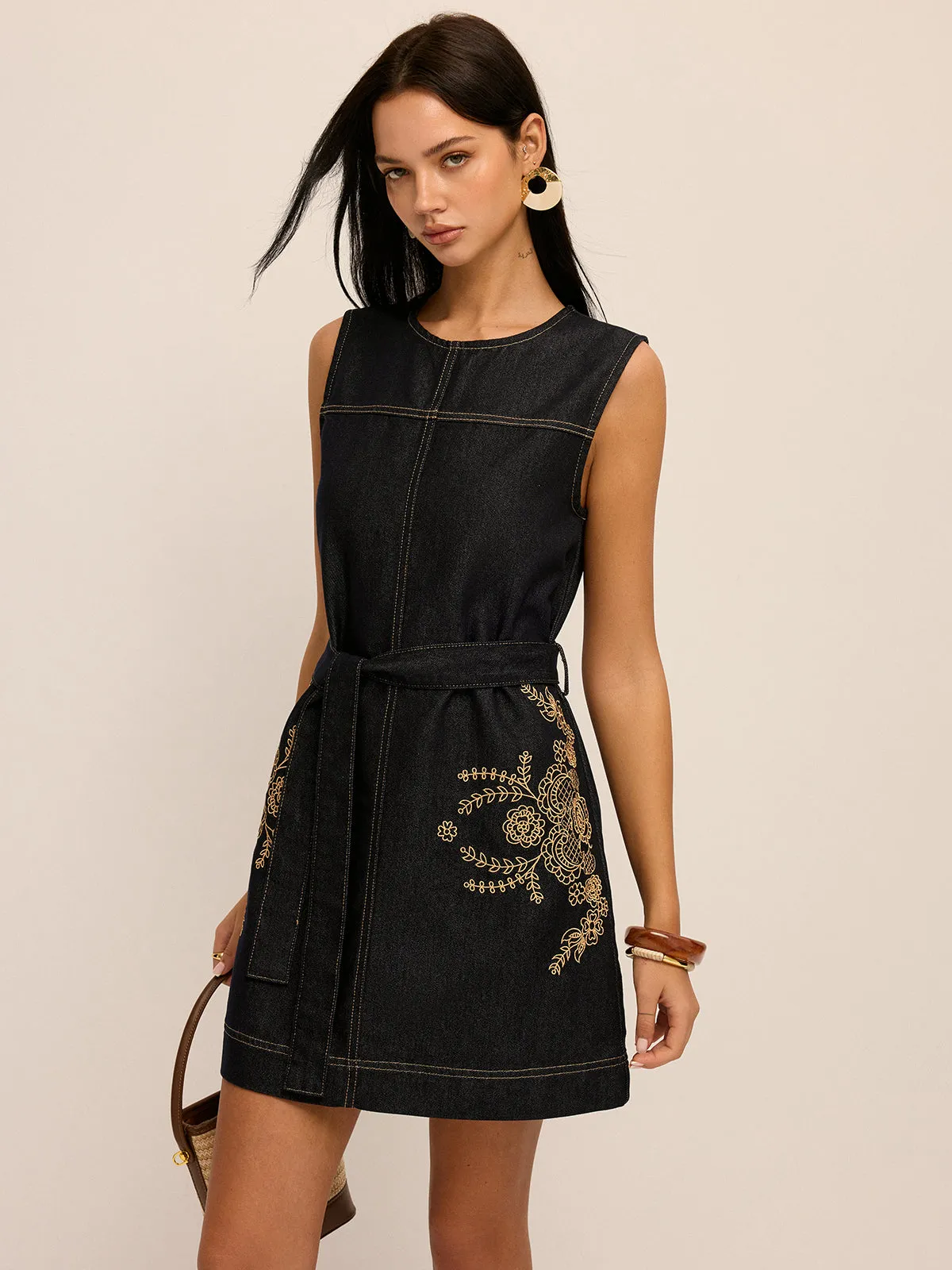 Embroidered Denim Belted Shift Dress sold by COMMENSE
