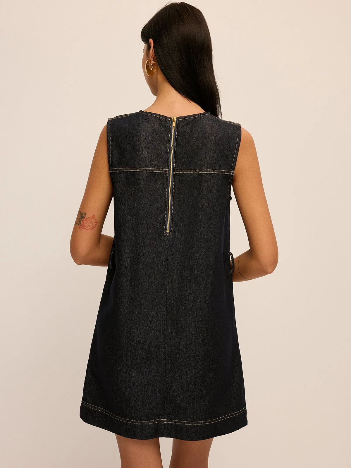 Embroidered Denim Belted Shift Dress sold by COMMENSE product image thumbnail 5