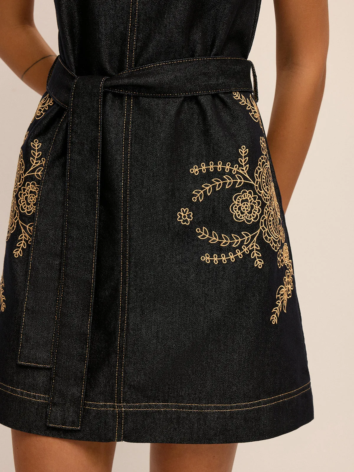 Embroidered Denim Belted Shift Dress sold by COMMENSE product image thumbnail 2