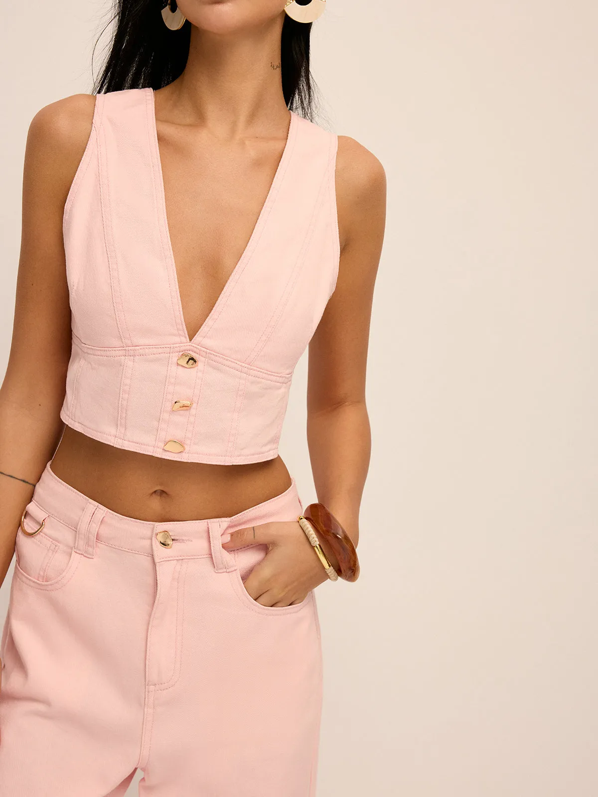 Deep V-Neck Cropped Denim Vest & Pants Set sold by COMMENSE product image thumbnail 3