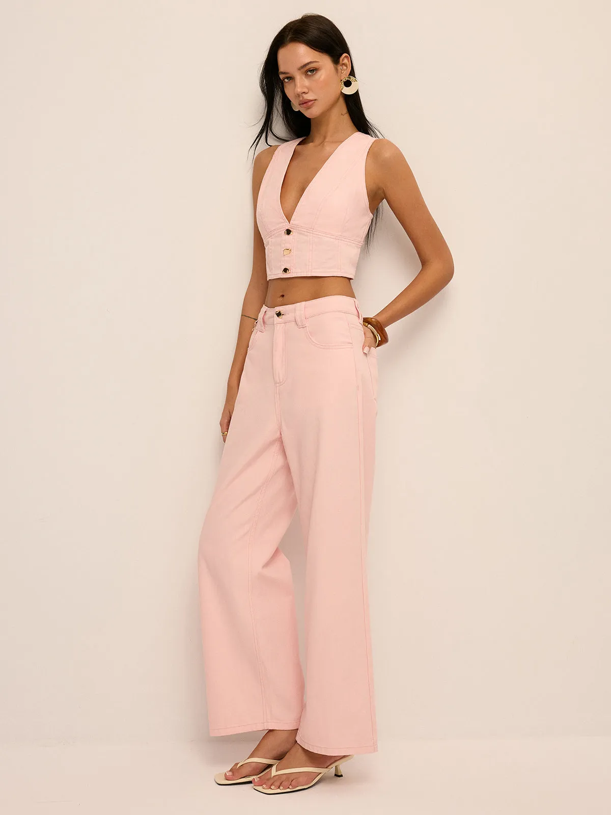 Deep V-Neck Cropped Denim Vest & Pants Set sold by COMMENSE product image thumbnail 5