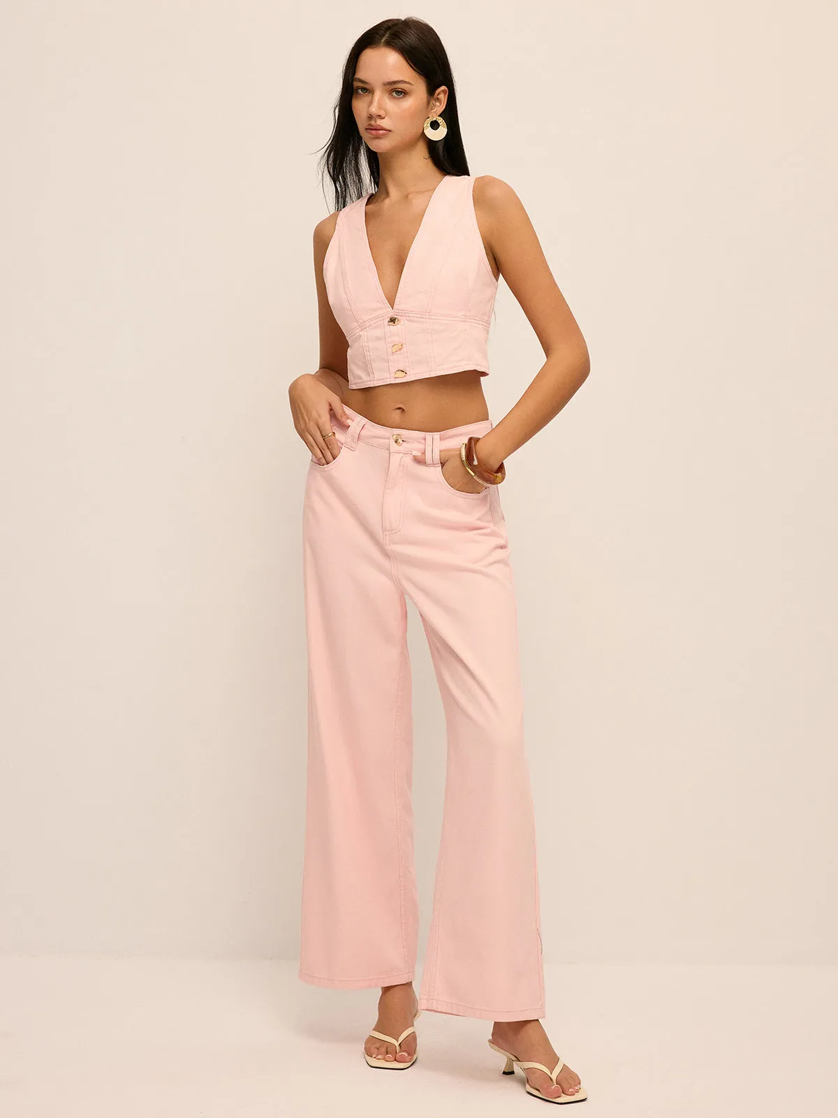 Deep V-Neck Cropped Denim Vest & Pants Set sold by COMMENSE product image thumbnail 2