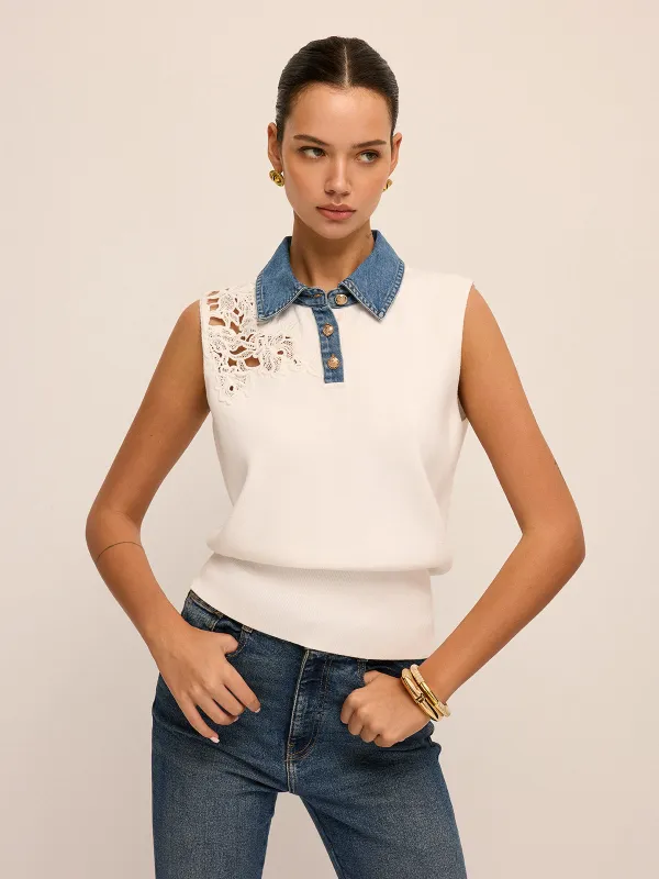 Denim Collar Lace Cutout Sleeveless Knit Top made by COMMENSE