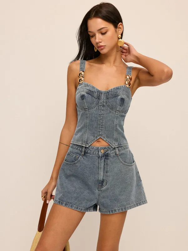 Metal Detail Denim Corset Top & Shorts Set made by COMMENSE