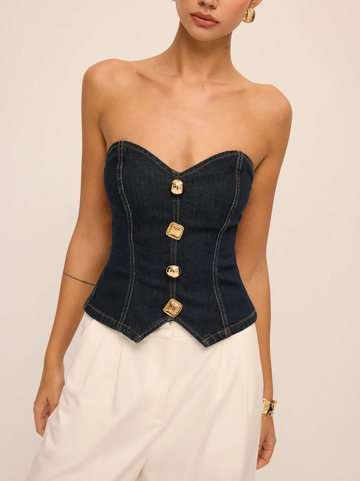 Metal Detail Strapless Denim Corset Top sold by COMMENSE product image thumbnail 5