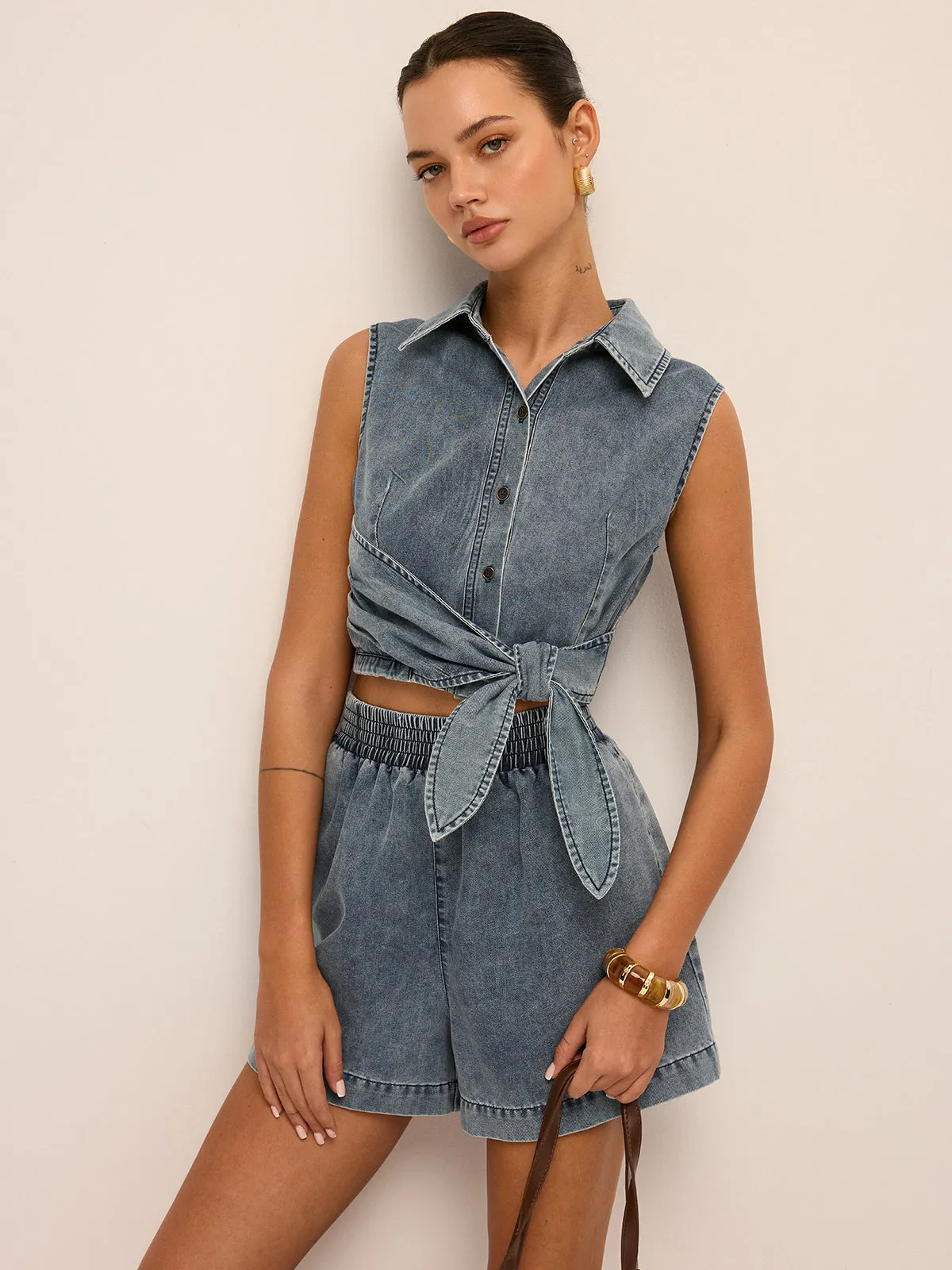 Denim Tie-Waist Sleeveless Shirt & Shorts Set sold by COMMENSE product image thumbnail 3