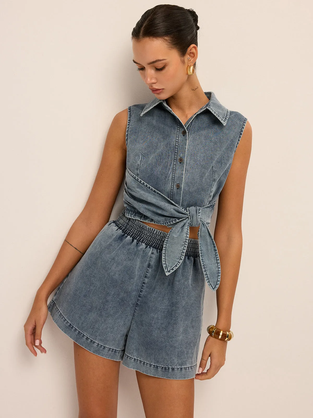 Denim Tie-Waist Sleeveless Shirt & Shorts Set sold by COMMENSE