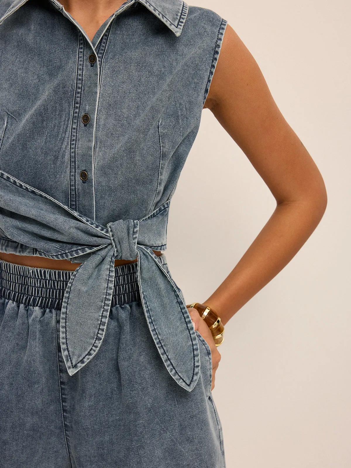 Denim Tie-Waist Sleeveless Shirt & Shorts Set sold by COMMENSE product image thumbnail 2