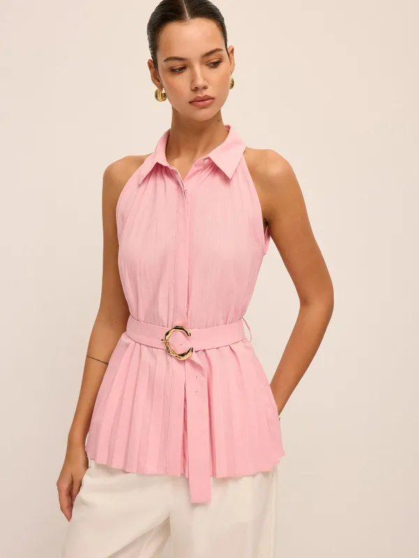 Sleeveless Collared Pleated Belted Blouse made by COMMENSE