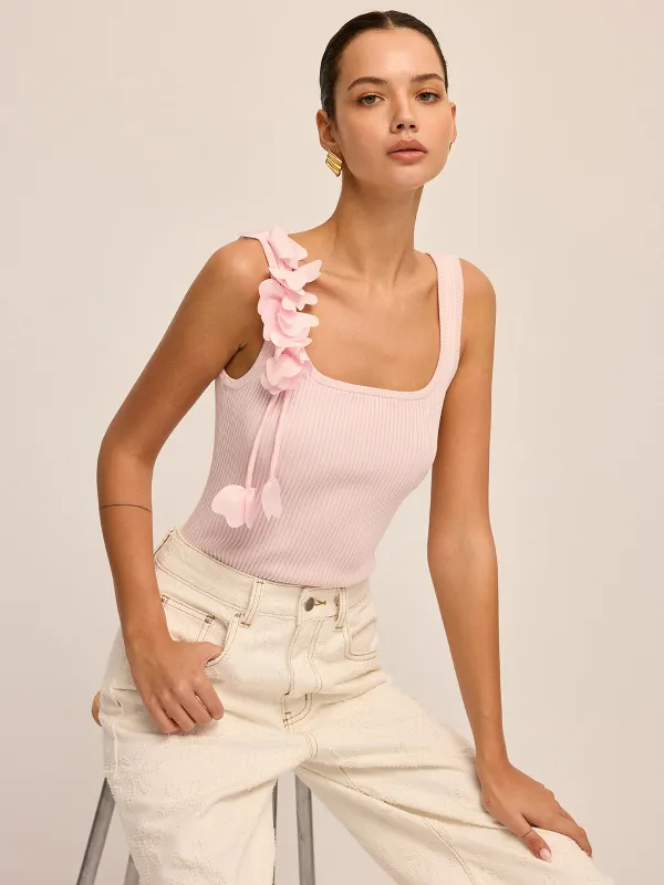 3D Floral Strap Ribbed Knit Tank Top made by COMMENSE
