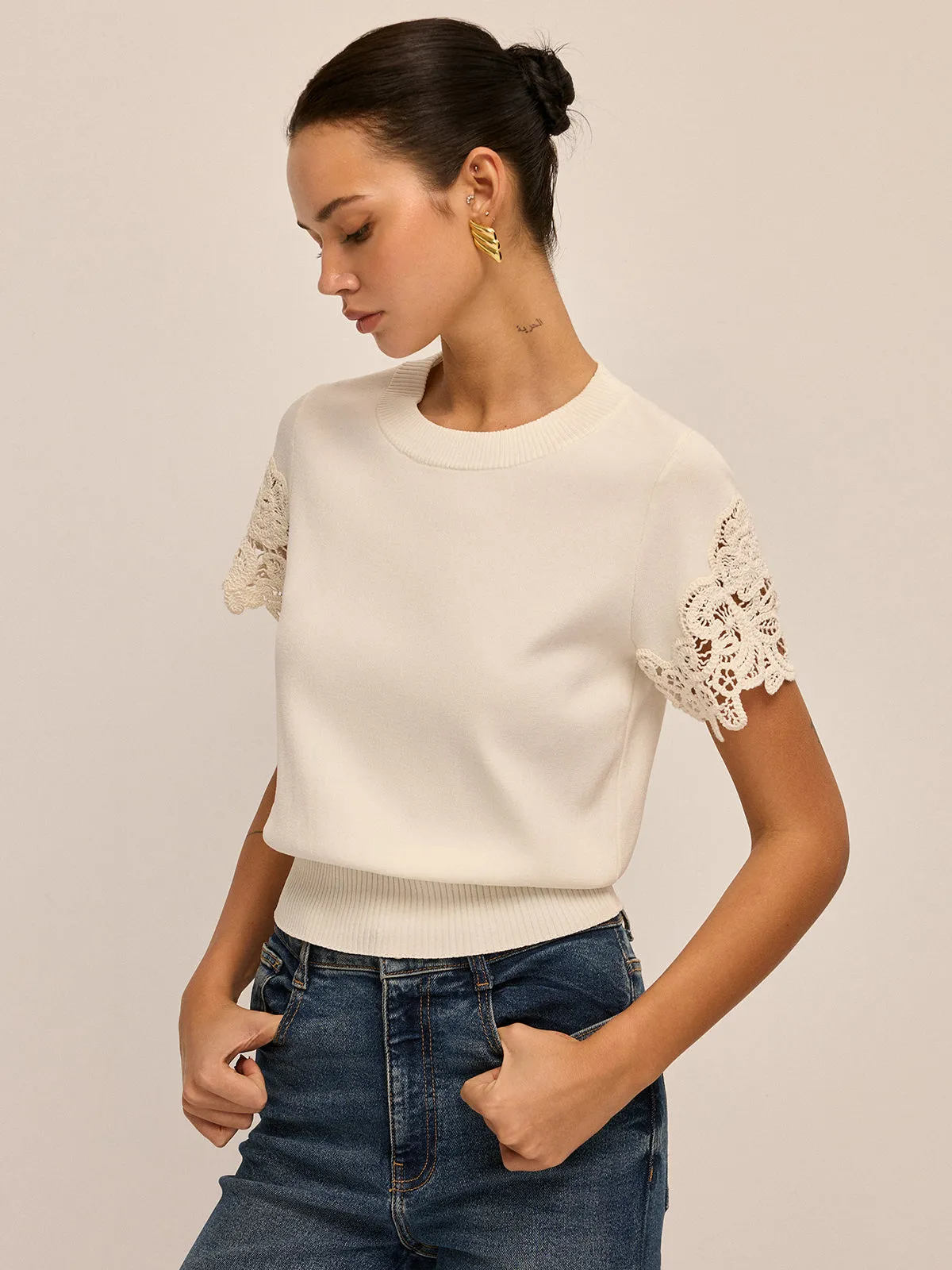 Round Neck Crochet Lace Sleeve Knit Top sold by COMMENSE product image thumbnail 3