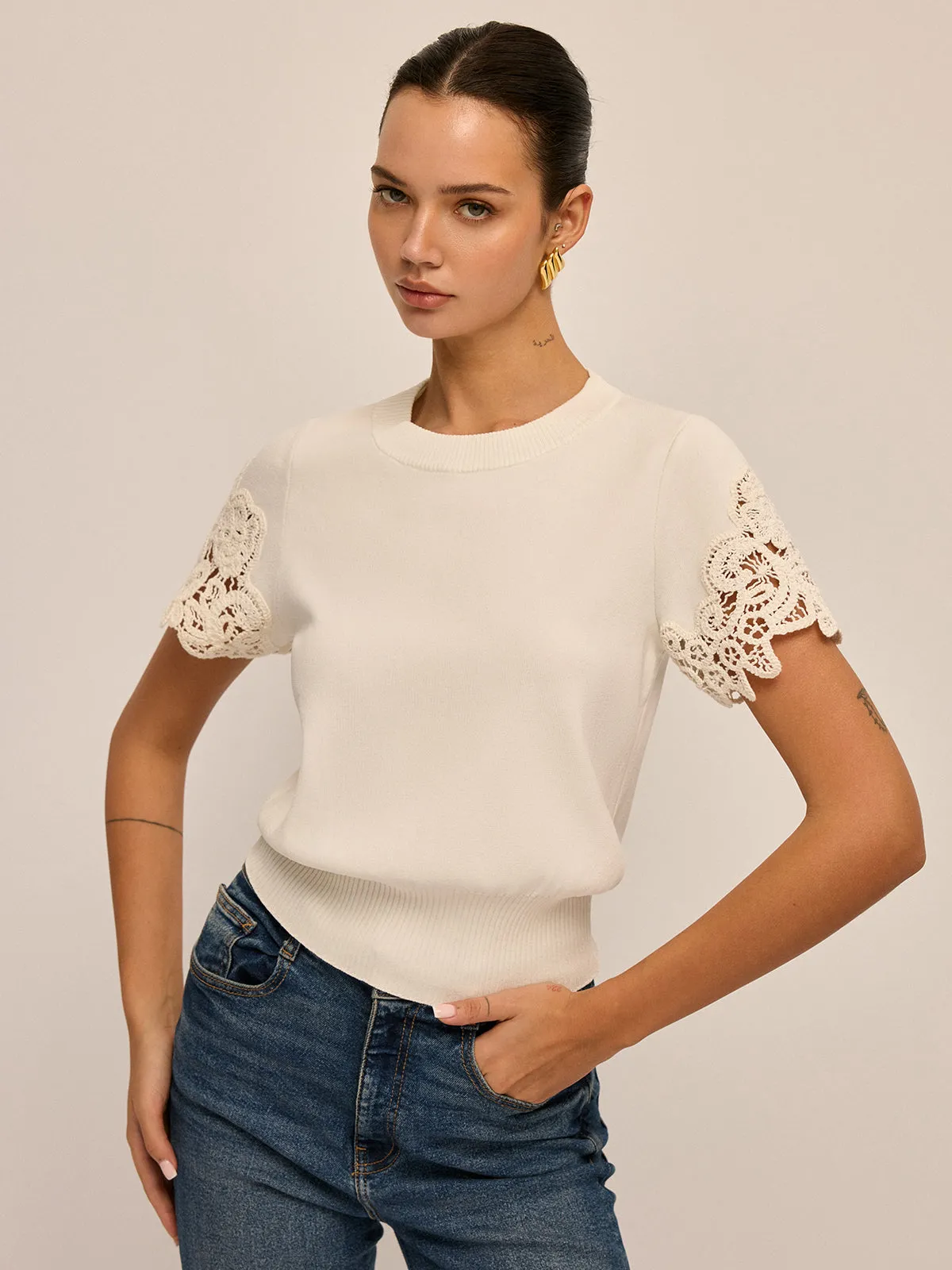 Round Neck Crochet Lace Sleeve Knit Top sold by COMMENSE product image thumbnail 4