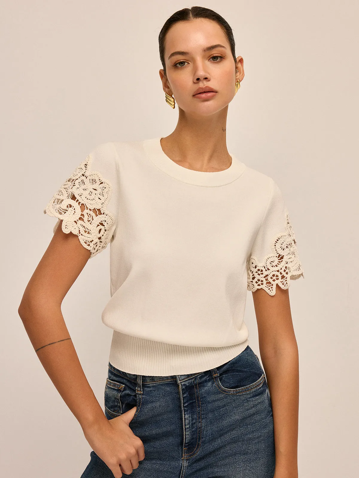 Round Neck Crochet Lace Sleeve Knit Top sold by COMMENSE