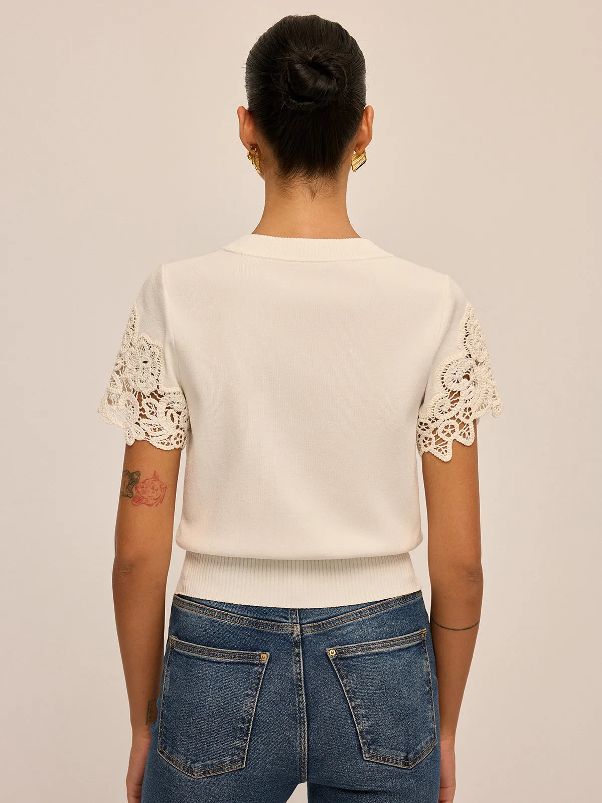 Round Neck Crochet Lace Sleeve Knit Top sold by COMMENSE product image thumbnail 5