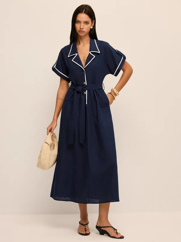 Contrast Trim Notched Collar Cotton Linen Dress made by COMMENSE