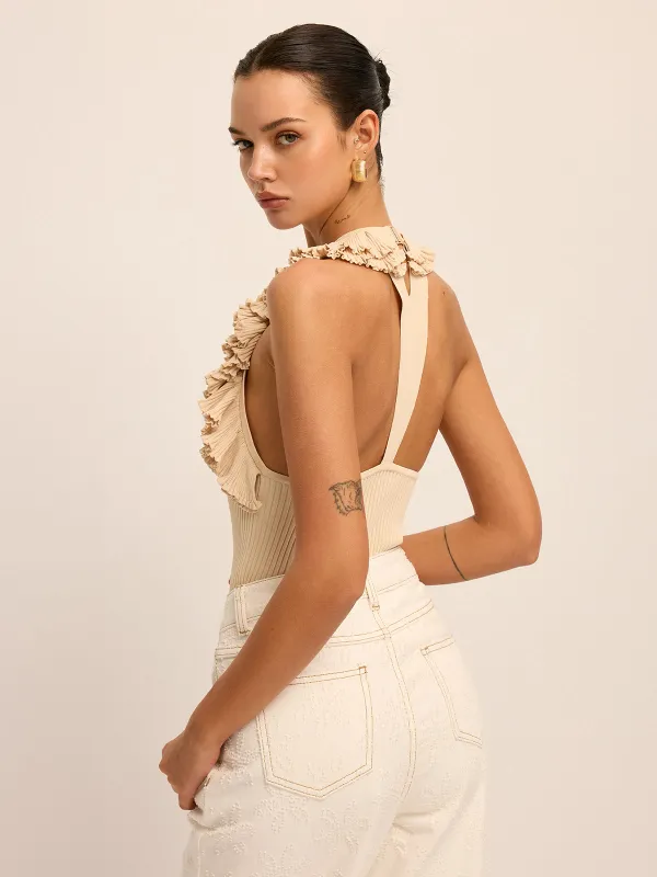 Ruffled Trim Open Back Ribbed Knit Top made by COMMENSE