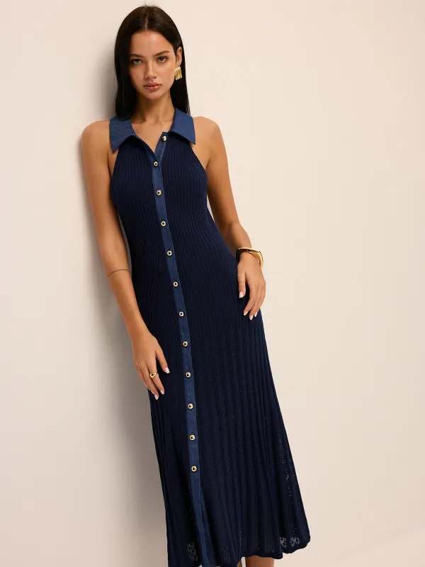 Ribbed Knit Button-Front Midi Dress made by COMMENSE