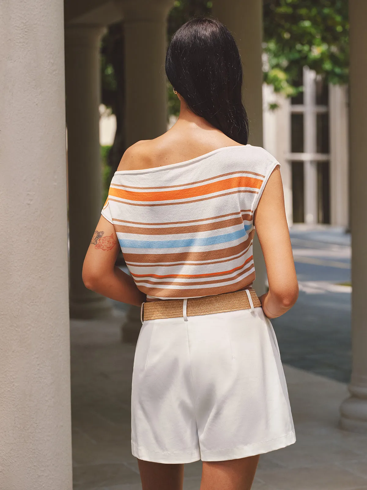 Off-Shoulder Colorful Stripe Knit Top sold by COMMENSE product image thumbnail 5