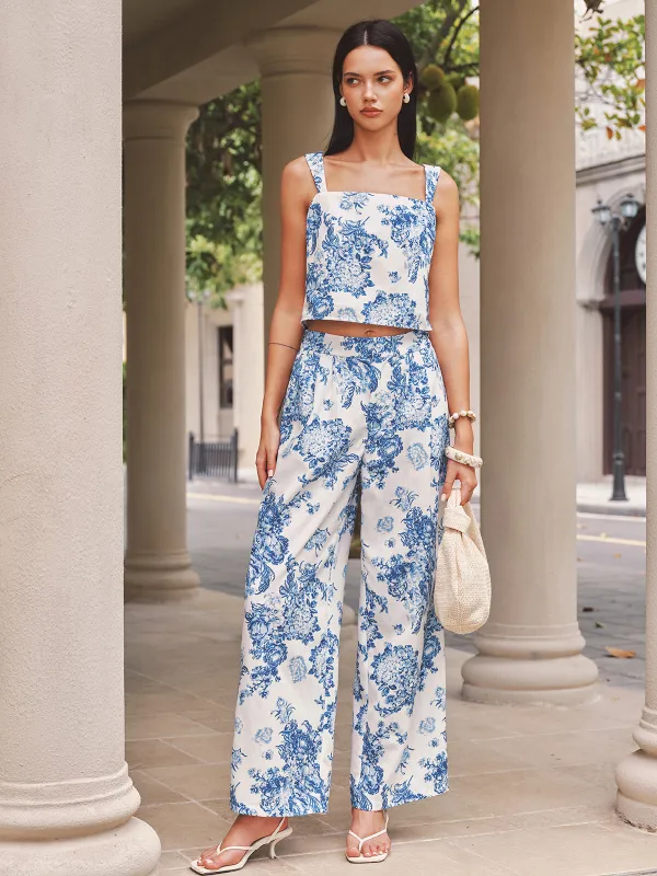 Square Neck Floral Print Top & Pants Set made by COMMENSE